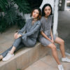 AYNIRISM Cool grey plaid crop top v neck with cool grey plaid pants and Warm grey plaid dress เสื้อครอปลายสก็อต เทาเข้ม กางเกงเอวสูงลายสก็อต เทาเข้ม และ เดรสลายสก็อต เทาอ่อน