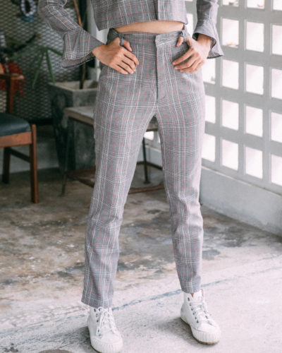 AYNIRISM Warm grey plaid pants กางเกงเอวสูงลายสก็อต เทาอ่อน