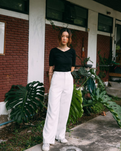 AYNIRISM White wide leg pants กางเกงเอวสูง ขากว้าง