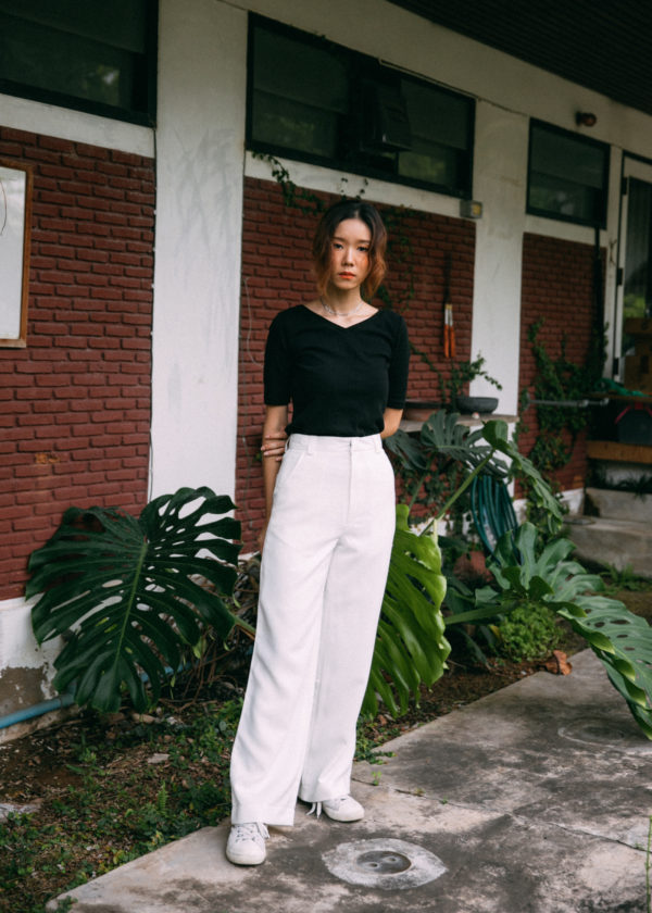 AYNIRISM White wide leg pants กางเกงเอวสูง ขากว้าง