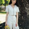 AYNIRISM Ivory cotton linen button front crop top with Ivory cotton linen wide crop pants เสื้อครอปคอตตอนลินินกระดุมหน้า สีขาวงา และ กางเกงขากว้างคอตตอนลินิน สีขาวงา